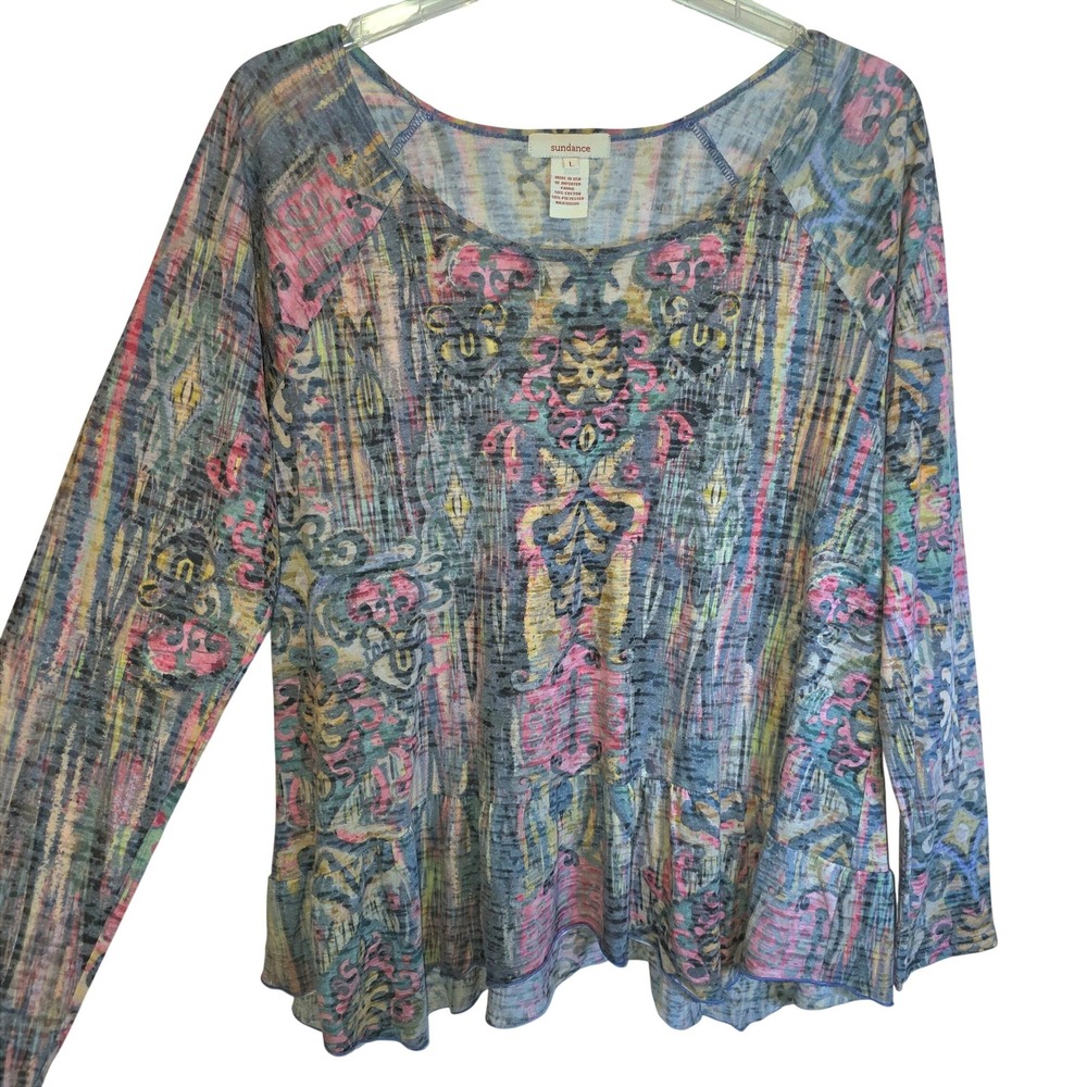 Sundance Burnout Floral Long Sleeve Pullover Scoop Neck Large Gray Red Boho